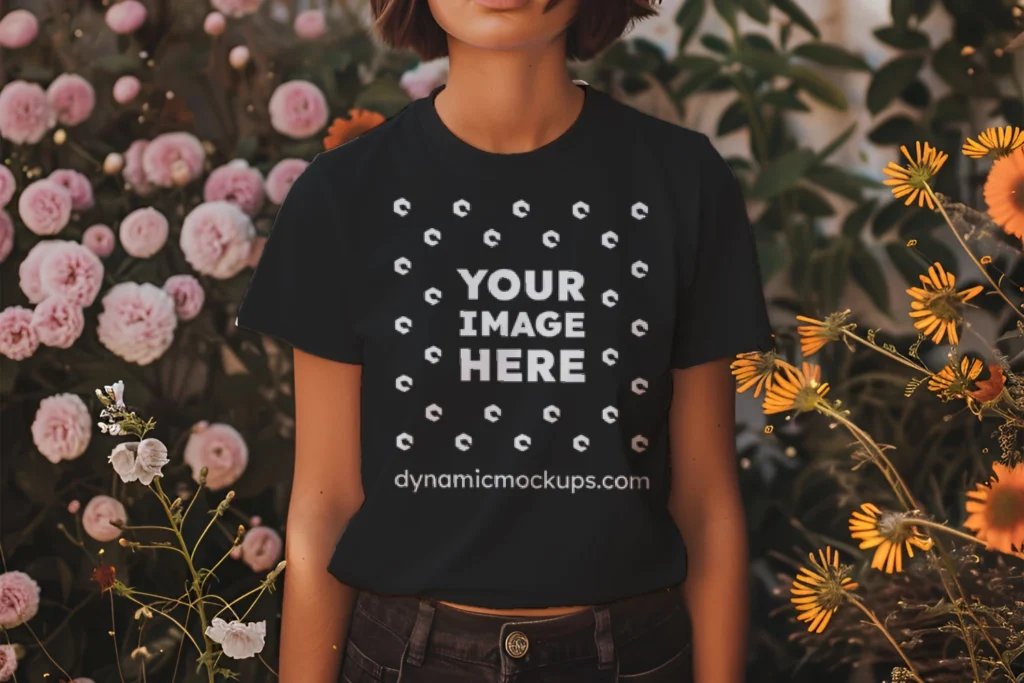 Woman Wearing Black T-shirt Mockup Front View Template