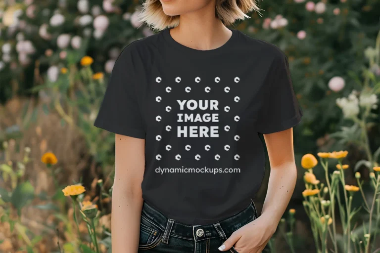 Woman Wearing Black T-shirt Mockup Front View Template