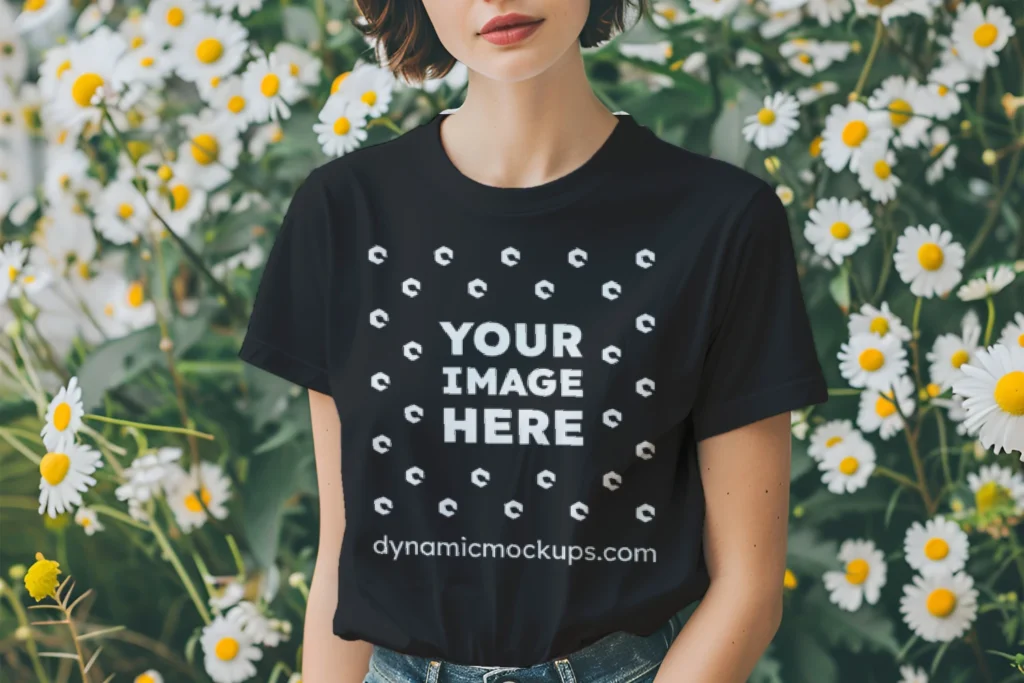 Woman Wearing Black T-shirt Mockup Front View Template