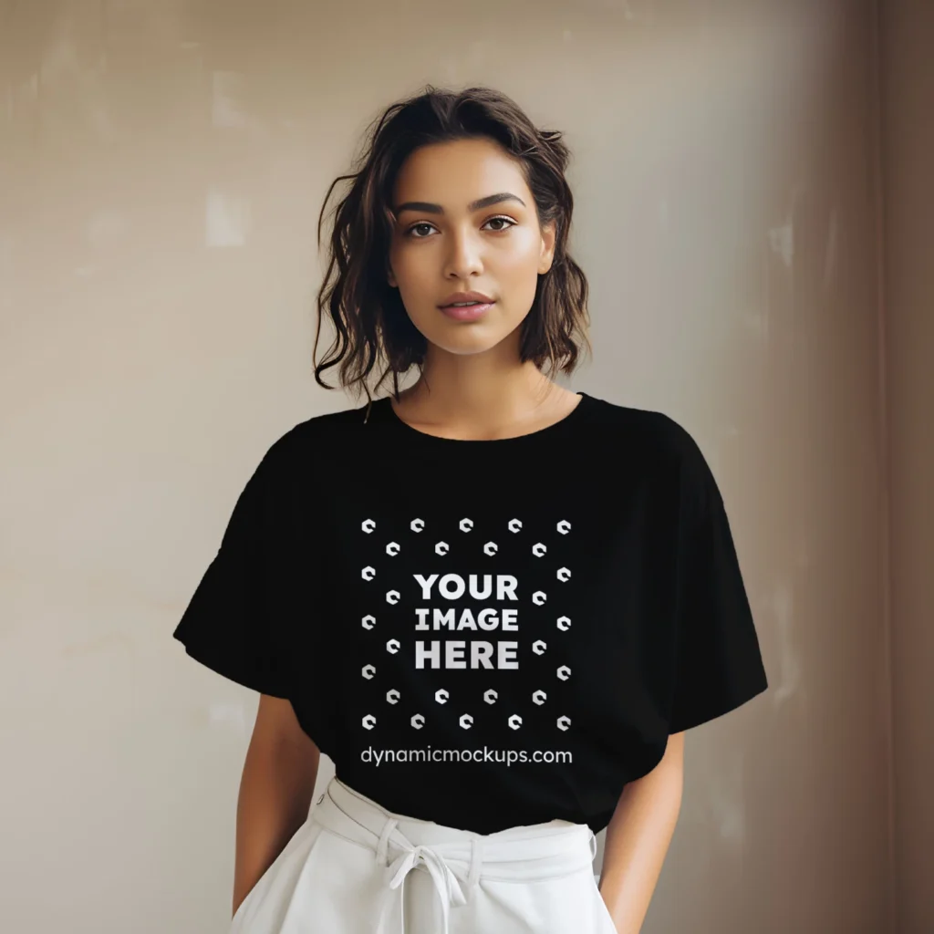 Woman Wearing Black T-shirt Mockup Front View Template