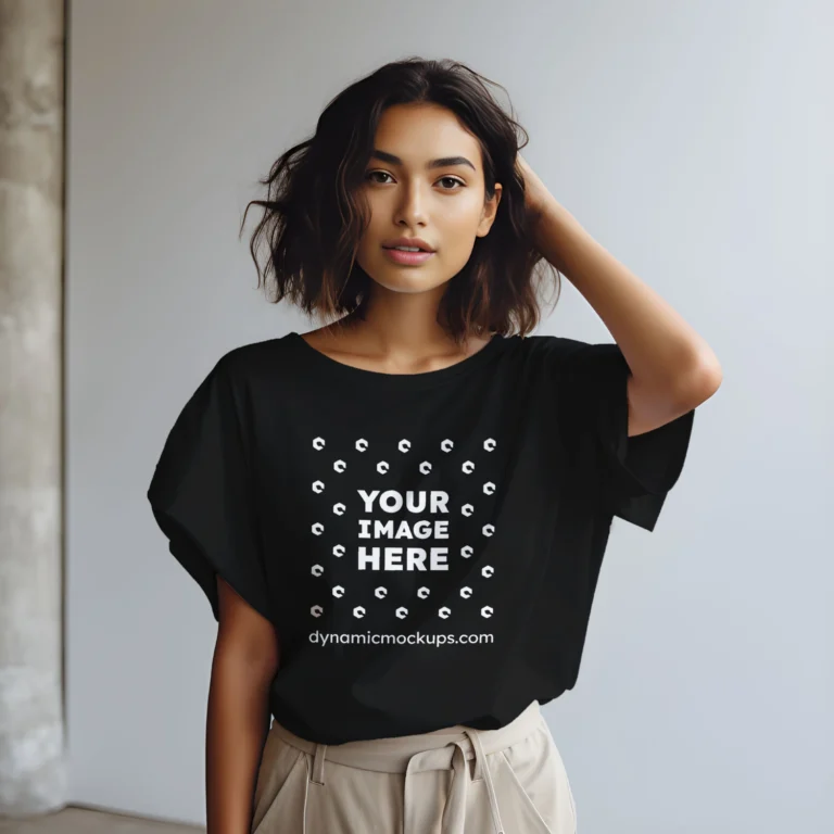 Woman Wearing Black T-shirt Mockup Front View Template