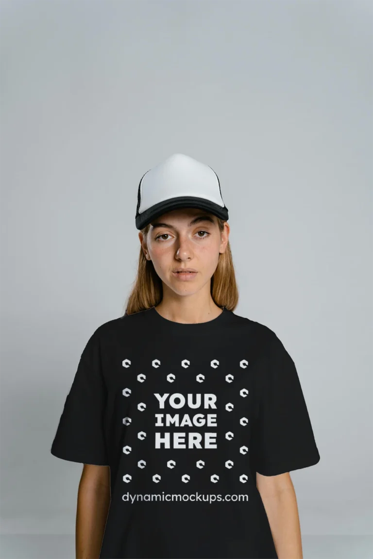 Woman Wearing Black T-shirt Mockup Front View Template