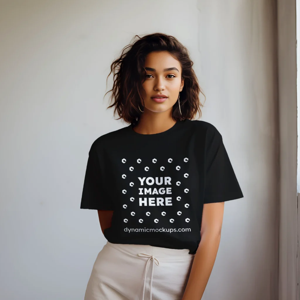 Woman Wearing Black T-shirt Mockup Front View Template