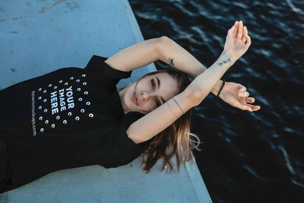 Woman Wearing Black T-shirt Mockup Front View Template