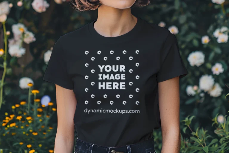 Woman Wearing Black T-shirt Mockup Front View Template