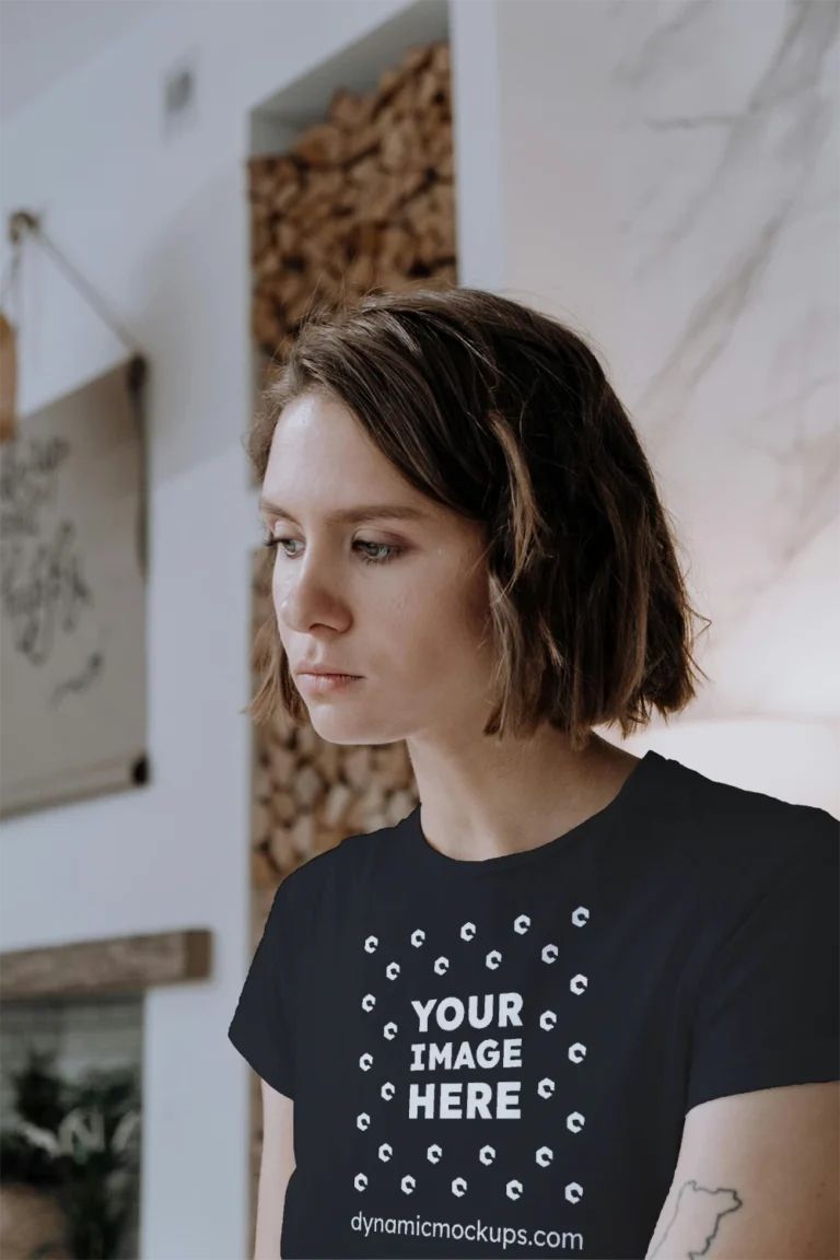 Woman Wearing Black T-shirt Mockup Front View Template