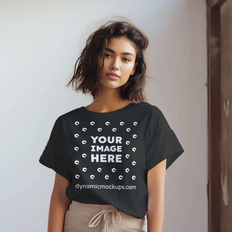 Woman Wearing Black T-shirt Mockup Front View Template