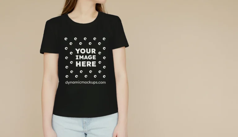 Woman Wearing Black T-shirt Mockup Front View Template