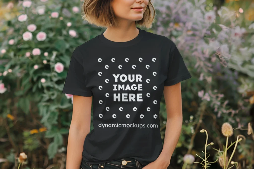 Woman Wearing Black T-shirt Mockup Front View Template