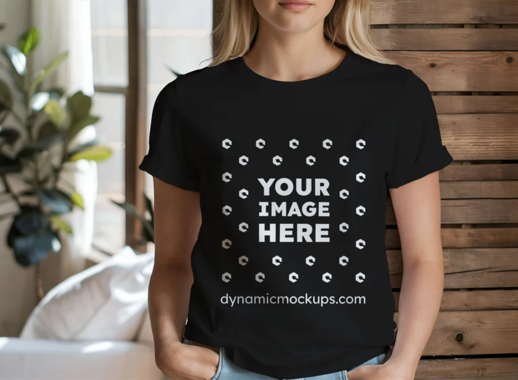 Woman Wearing Black T-shirt Mockup Front View Template