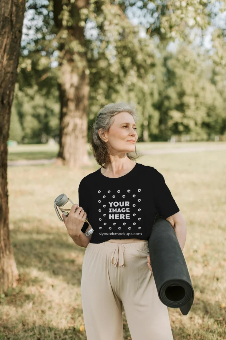 Woman Wearing Black T-shirt Mockup Front View Template