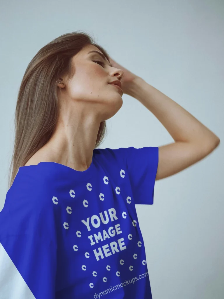 Woman Wearing Blue T-shirt Mockup Front View Template