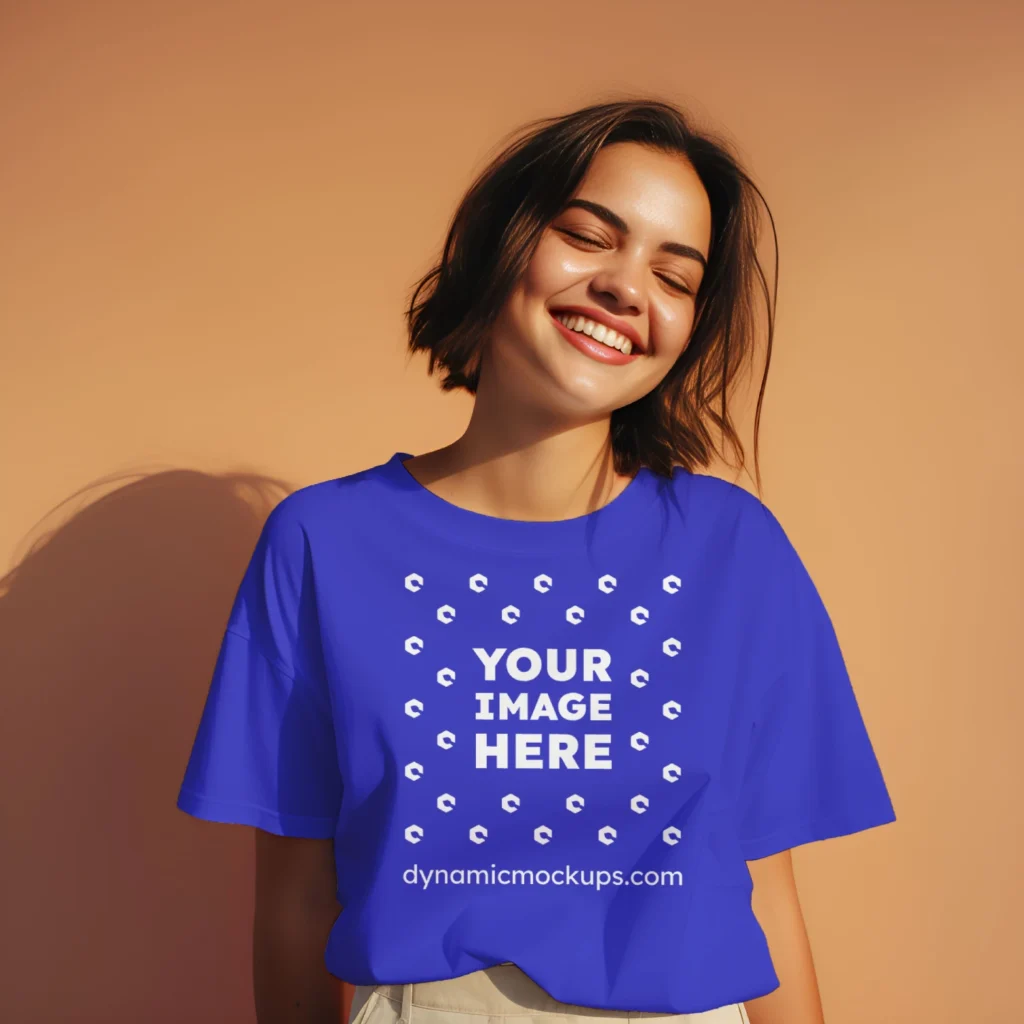 Woman Wearing Blue T-shirt Mockup Front View Template