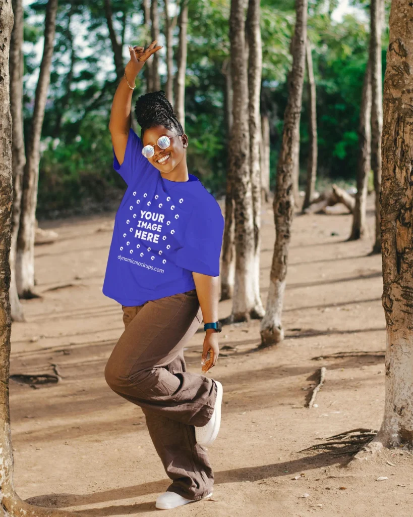 Woman Wearing Blue T-shirt Mockup Front View Template