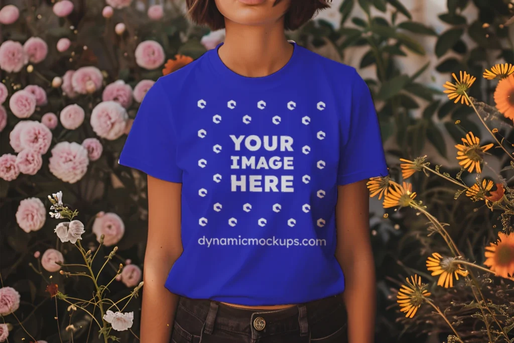 Woman Wearing Blue T-shirt Mockup Front View Template