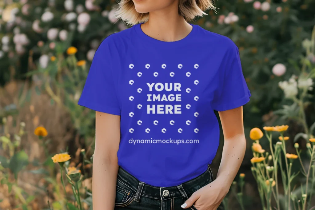 Woman Wearing Blue T-shirt Mockup Front View Template