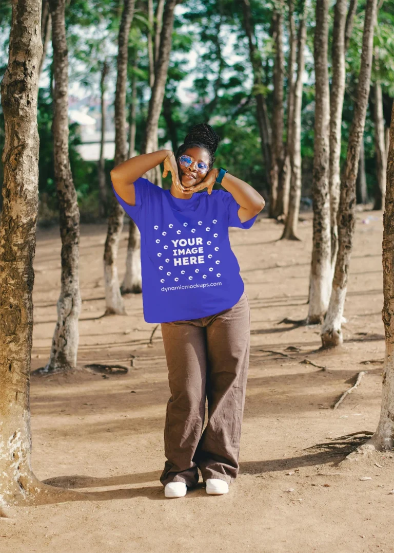 Woman Wearing Blue T-shirt Mockup Front View Template