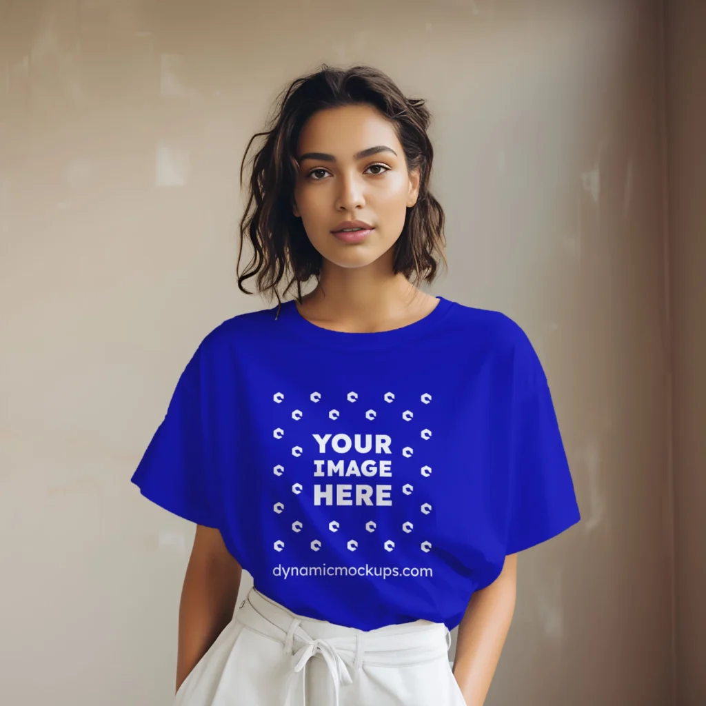 Woman Wearing Blue T-shirt Mockup Front View Template