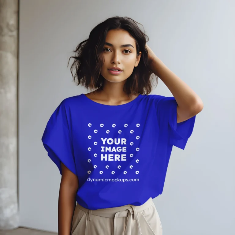 Woman Wearing Blue T-shirt Mockup Front View Template