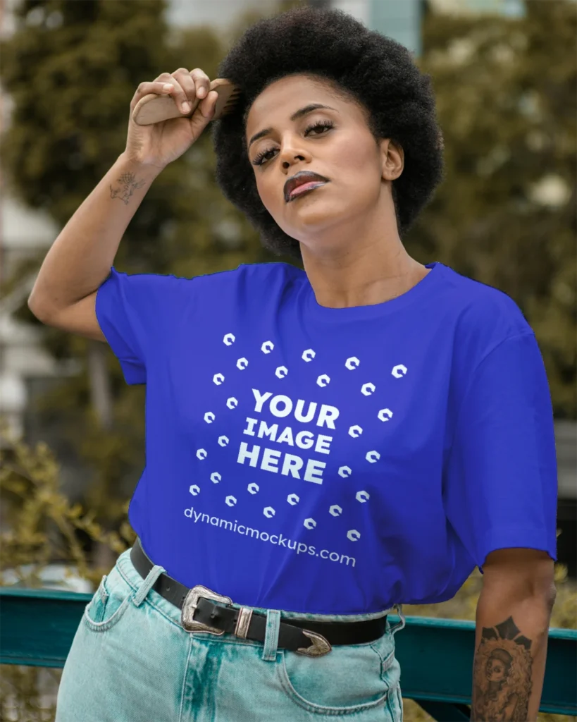 Woman Wearing Blue T-shirt Mockup Front View Template