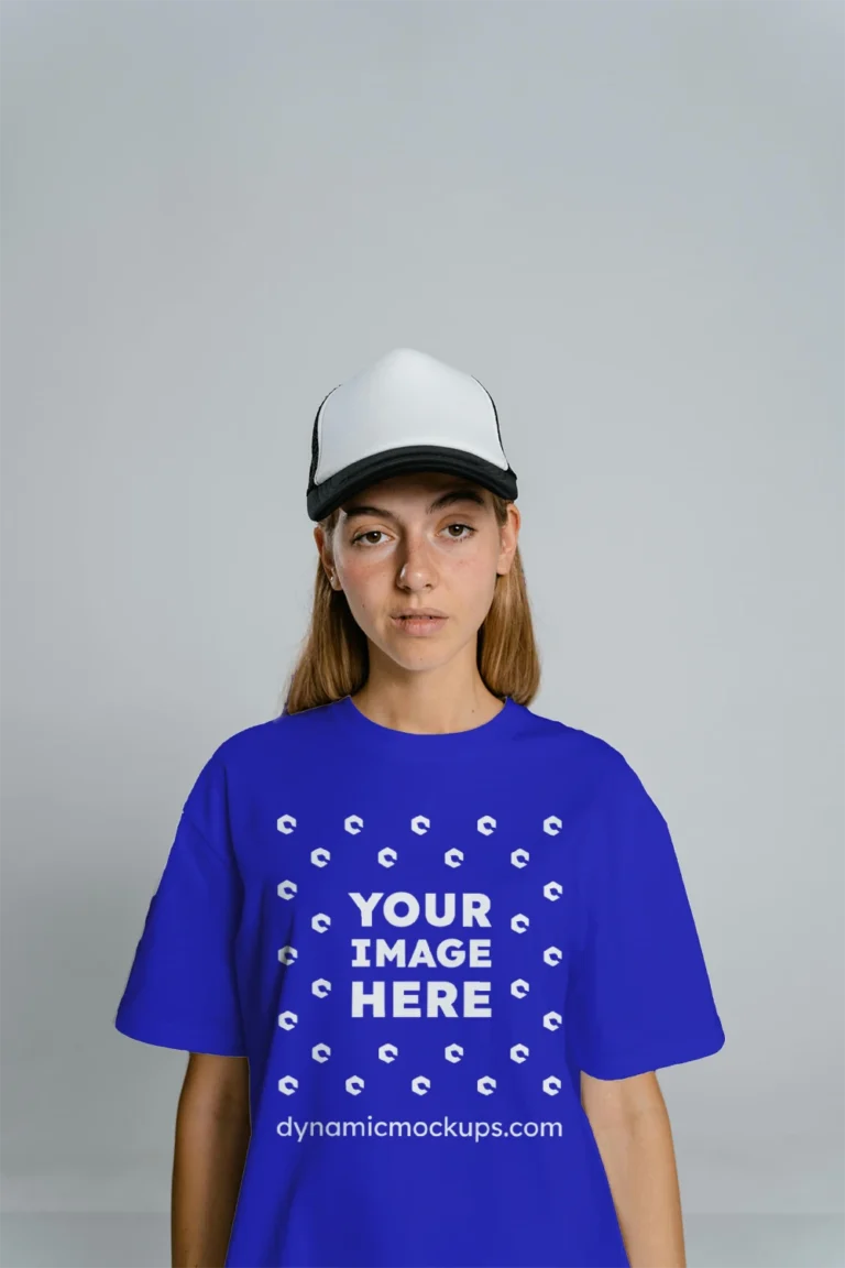 Woman Wearing Blue T-shirt Mockup Front View Template