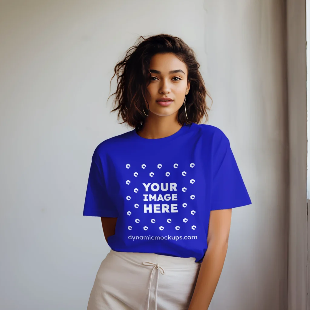 Woman Wearing Blue T-shirt Mockup Front View Template