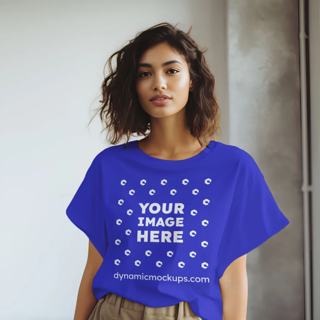 Woman Wearing Blue T-shirt Mockup Front View Template