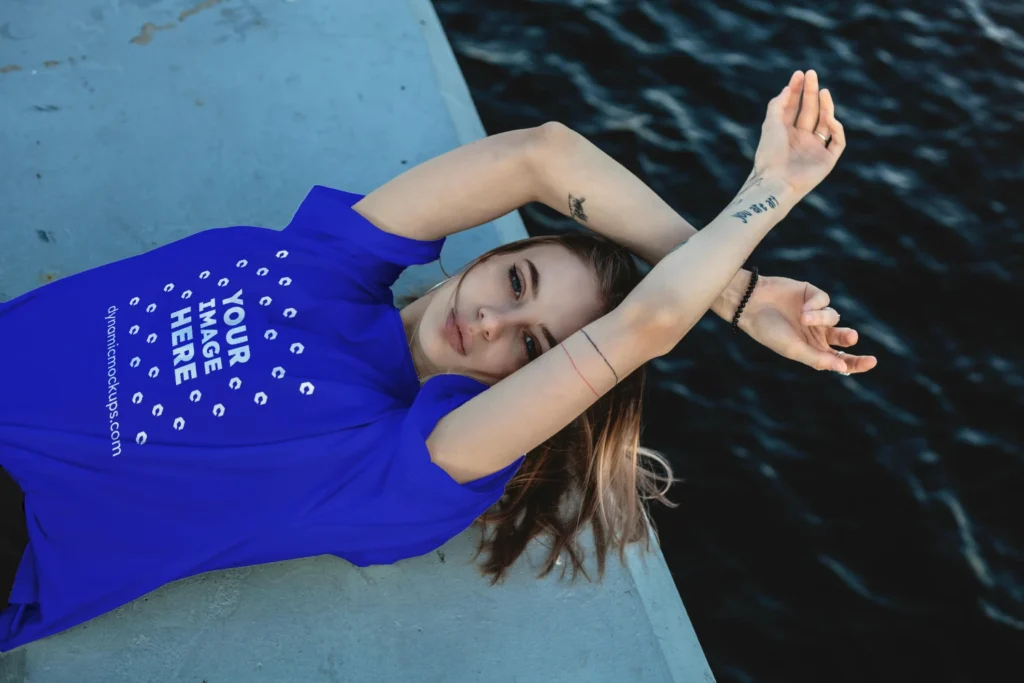 Woman Wearing Blue T-shirt Mockup Front View Template