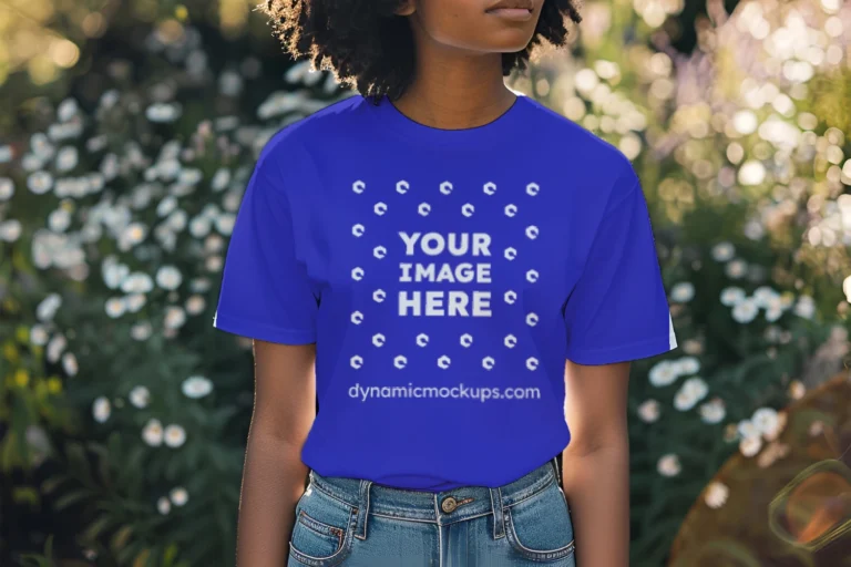 Woman Wearing Blue T-shirt Mockup Front View Template