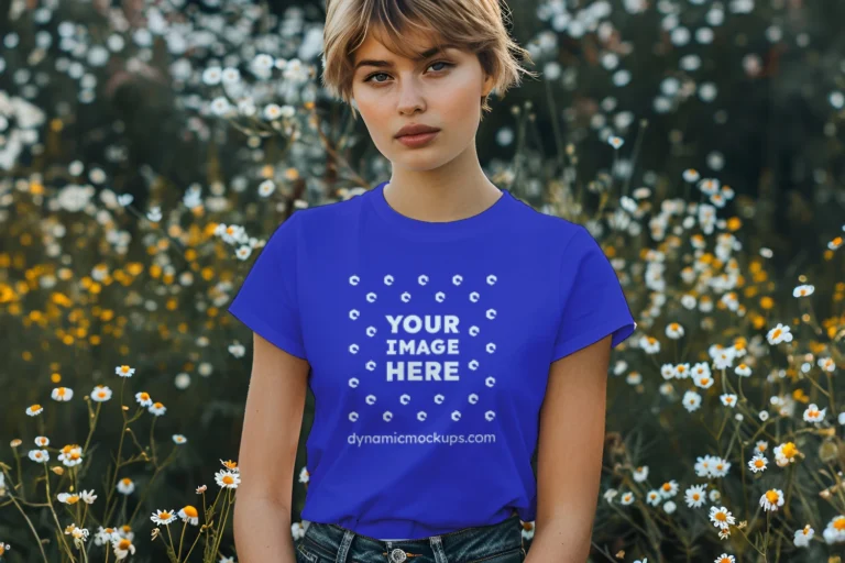 Woman Wearing Blue T-shirt Mockup Front View Template