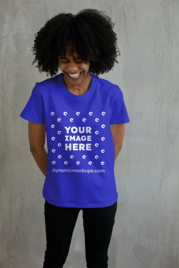 Woman Wearing Blue T-shirt Mockup Front View Template