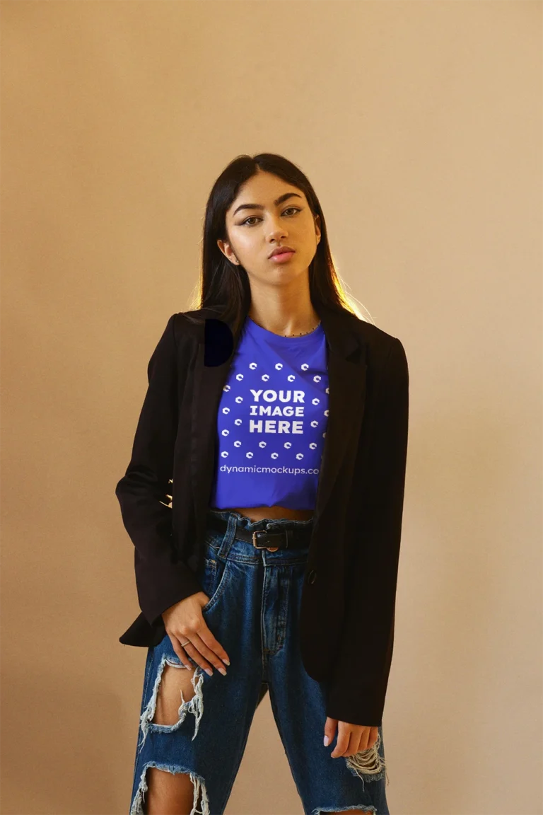 Woman Wearing Blue T-shirt Mockup Front View Template