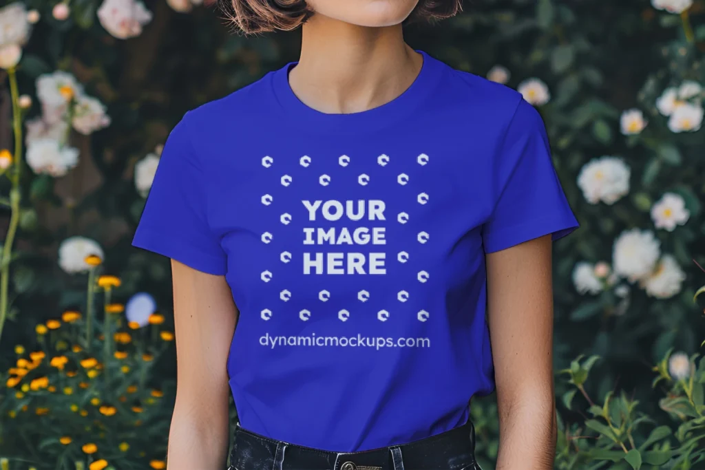 Woman Wearing Blue T-shirt Mockup Front View Template