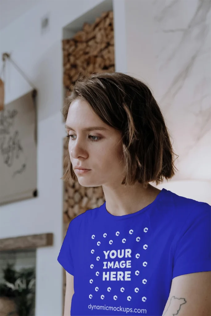 Woman Wearing Blue T-shirt Mockup Front View Template