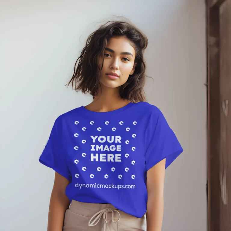 Woman Wearing Blue T-shirt Mockup Front View Template