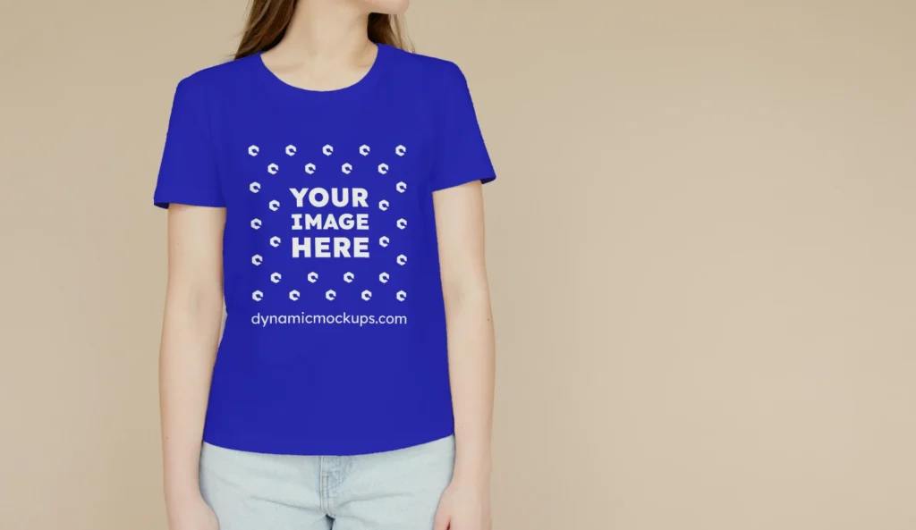 Woman Wearing Blue T-shirt Mockup Front View Template