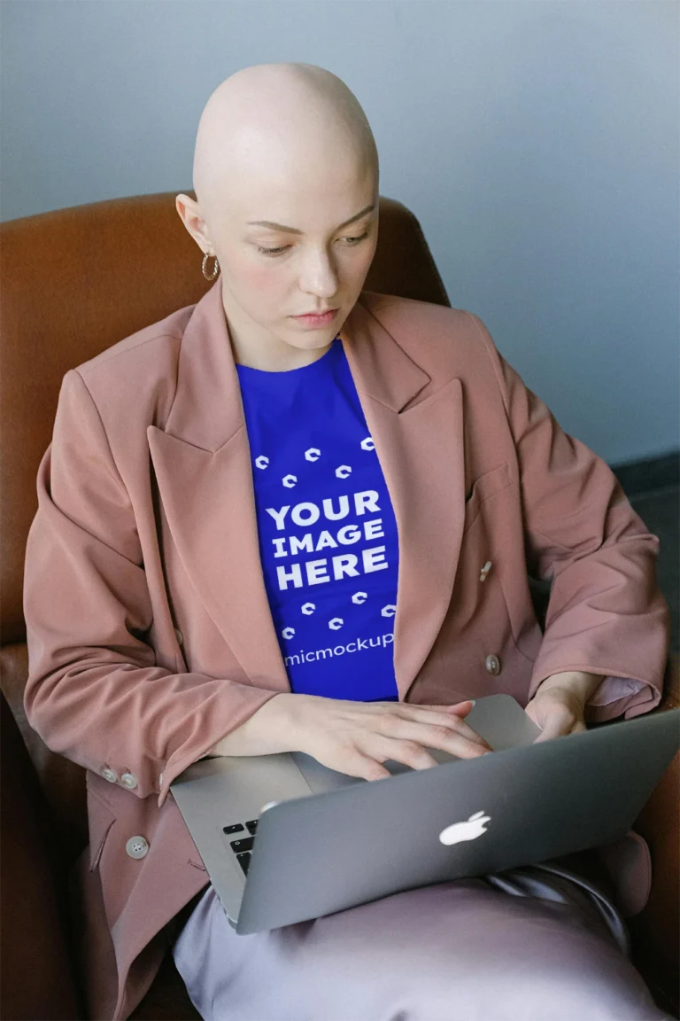 Woman Wearing Blue T-shirt Mockup Front View Template