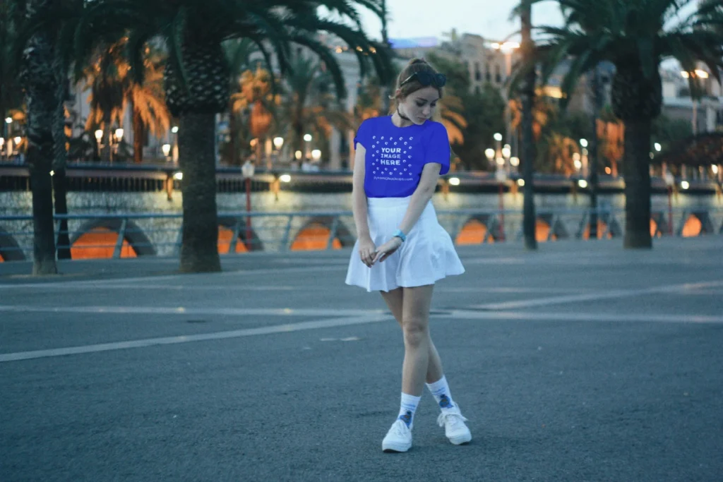 Woman Wearing Blue T-shirt Mockup Front View Template