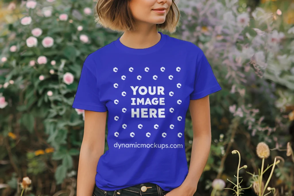 Woman Wearing Blue T-shirt Mockup Front View Template