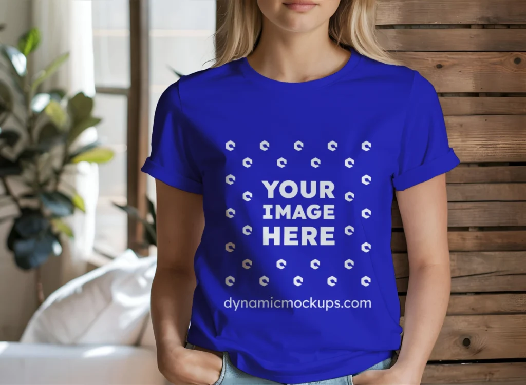 Woman Wearing Blue T-shirt Mockup Front View Template