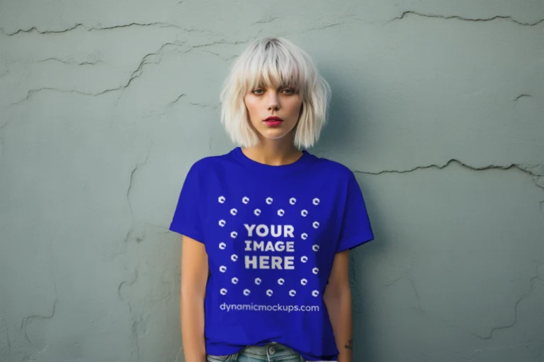 Woman Wearing Blue T-shirt Mockup Front View Template