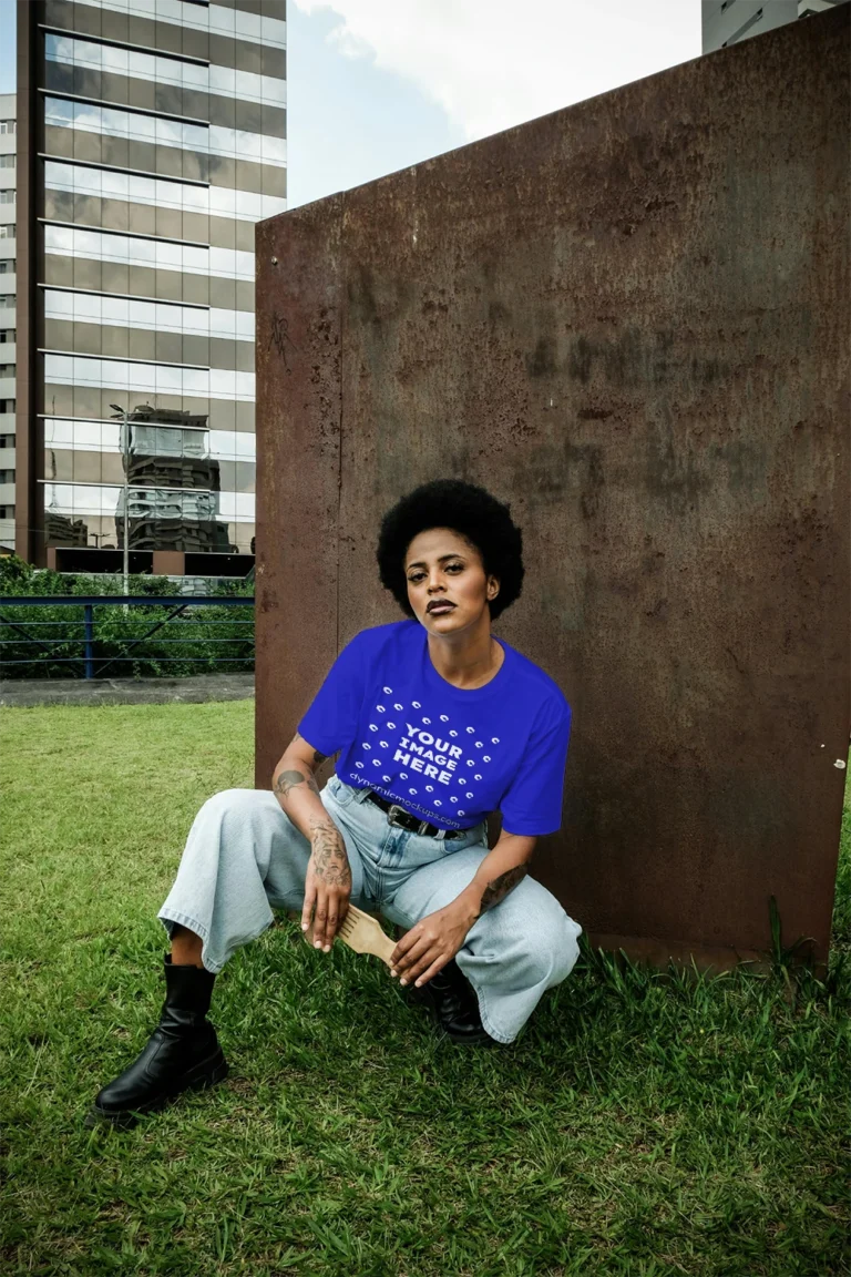 Woman Wearing Blue T-shirt Mockup Front View Template