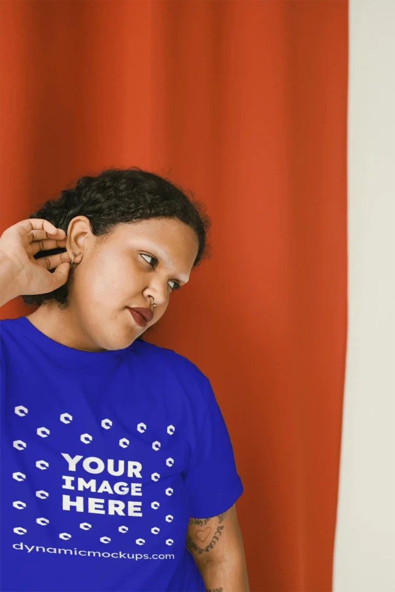 Woman Wearing Blue T-shirt Mockup Front View Template