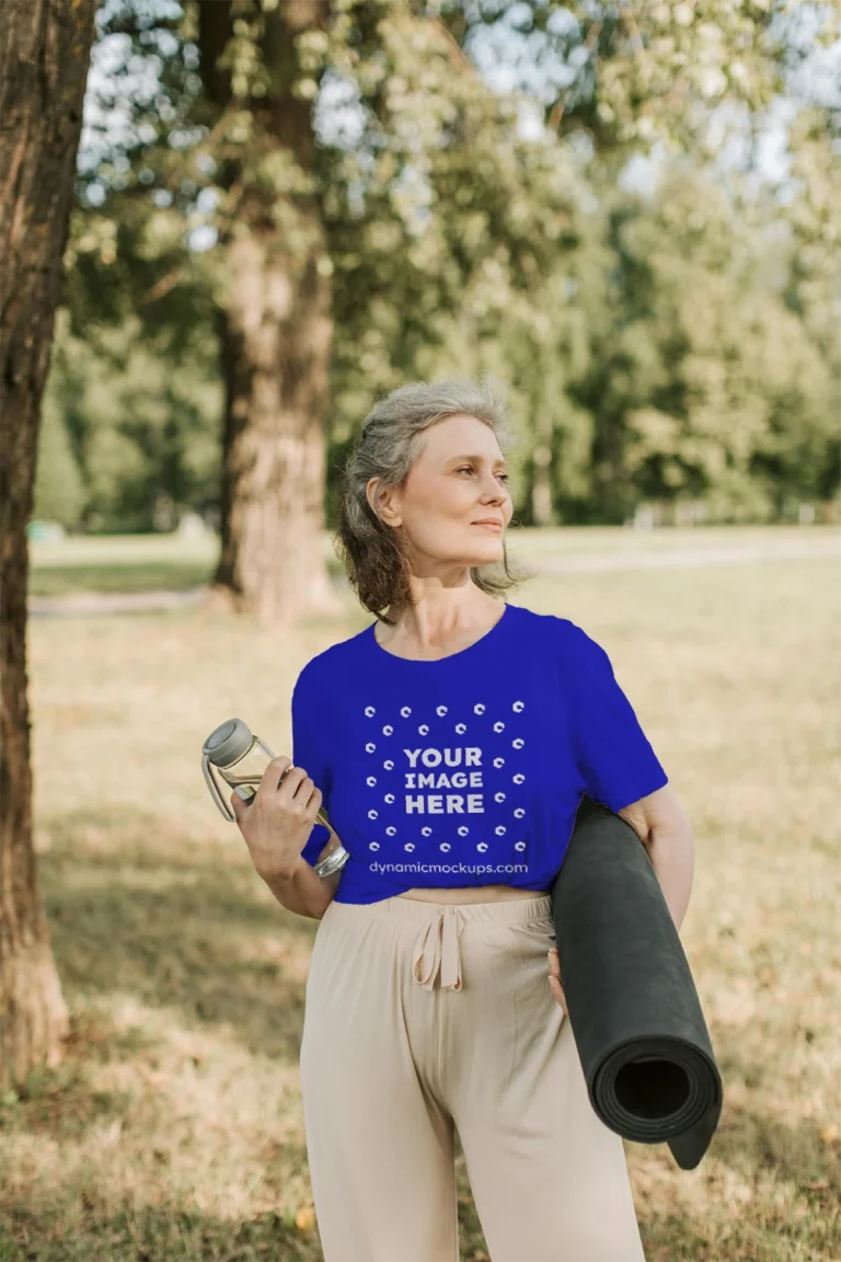 Woman Wearing Blue T-shirt Mockup Front View Template