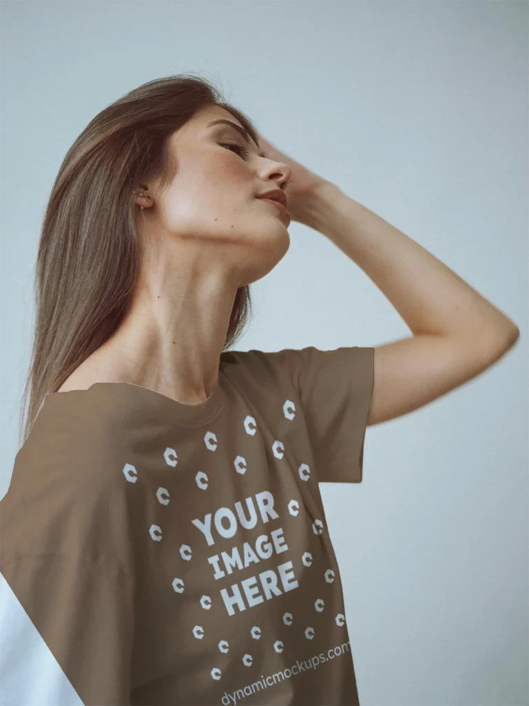 Woman Wearing Brown T-shirt Mockup Front View Template