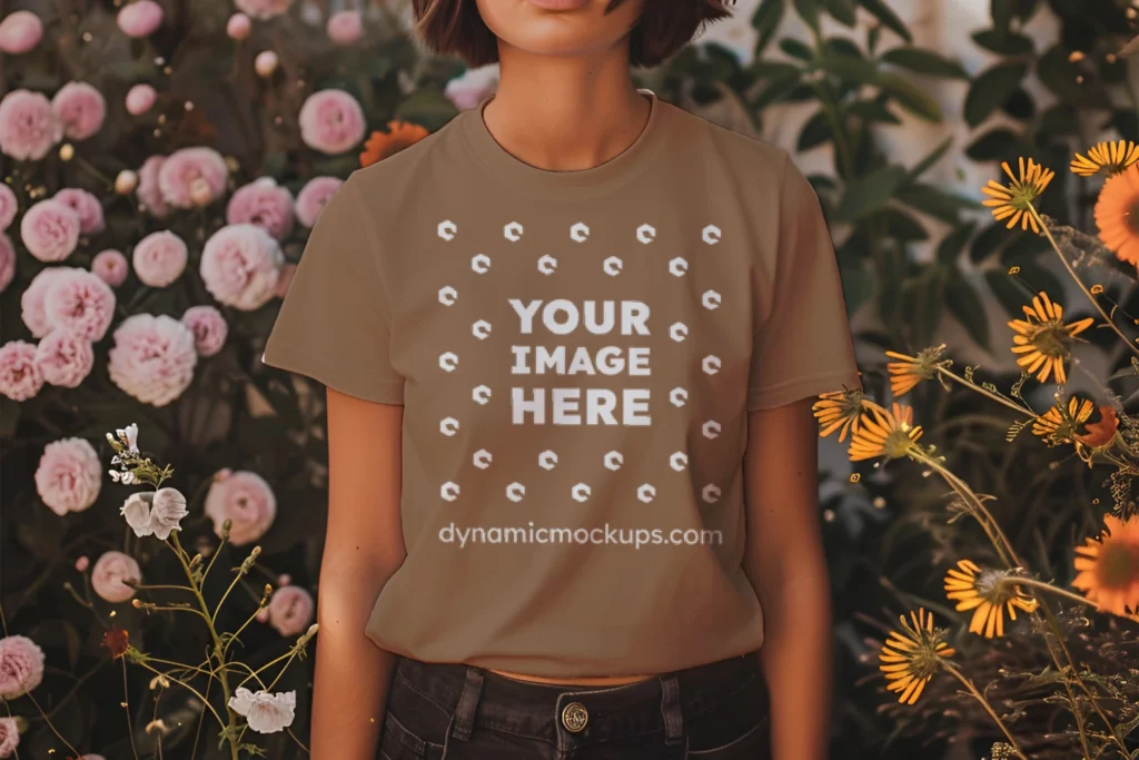 Woman Wearing Brown T-shirt Mockup Front View Template