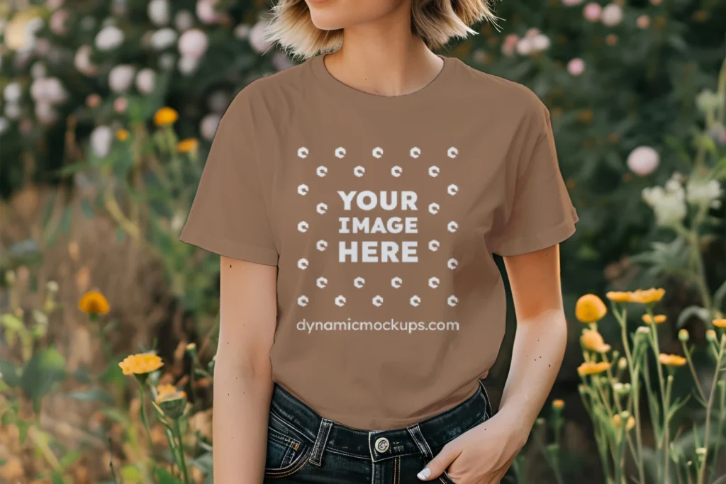 Woman Wearing Brown T-shirt Mockup Front View Template