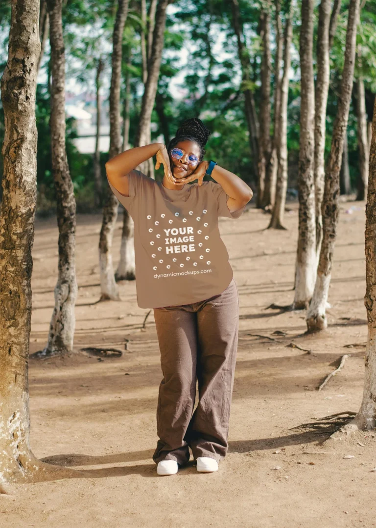 Woman Wearing Brown T-shirt Mockup Front View Template