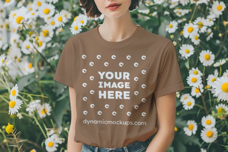 Woman Wearing Brown T-shirt Mockup Front View Template