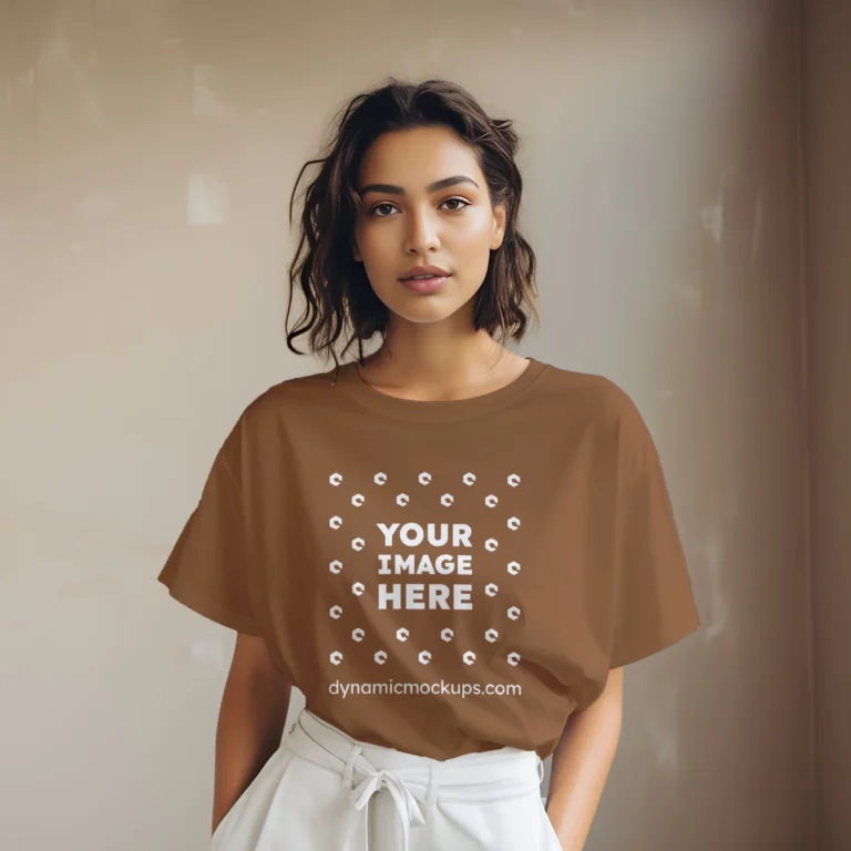 Woman Wearing Brown T-shirt Mockup Front View Template